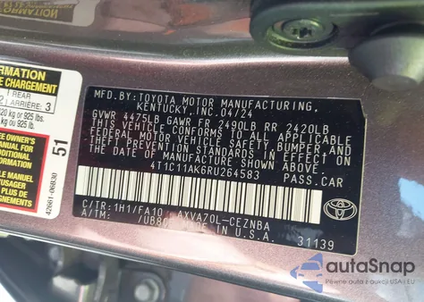 2024 Toyota Camry Le z USA, uszkodzony, nr VIN 4T1C11AK6RU264583